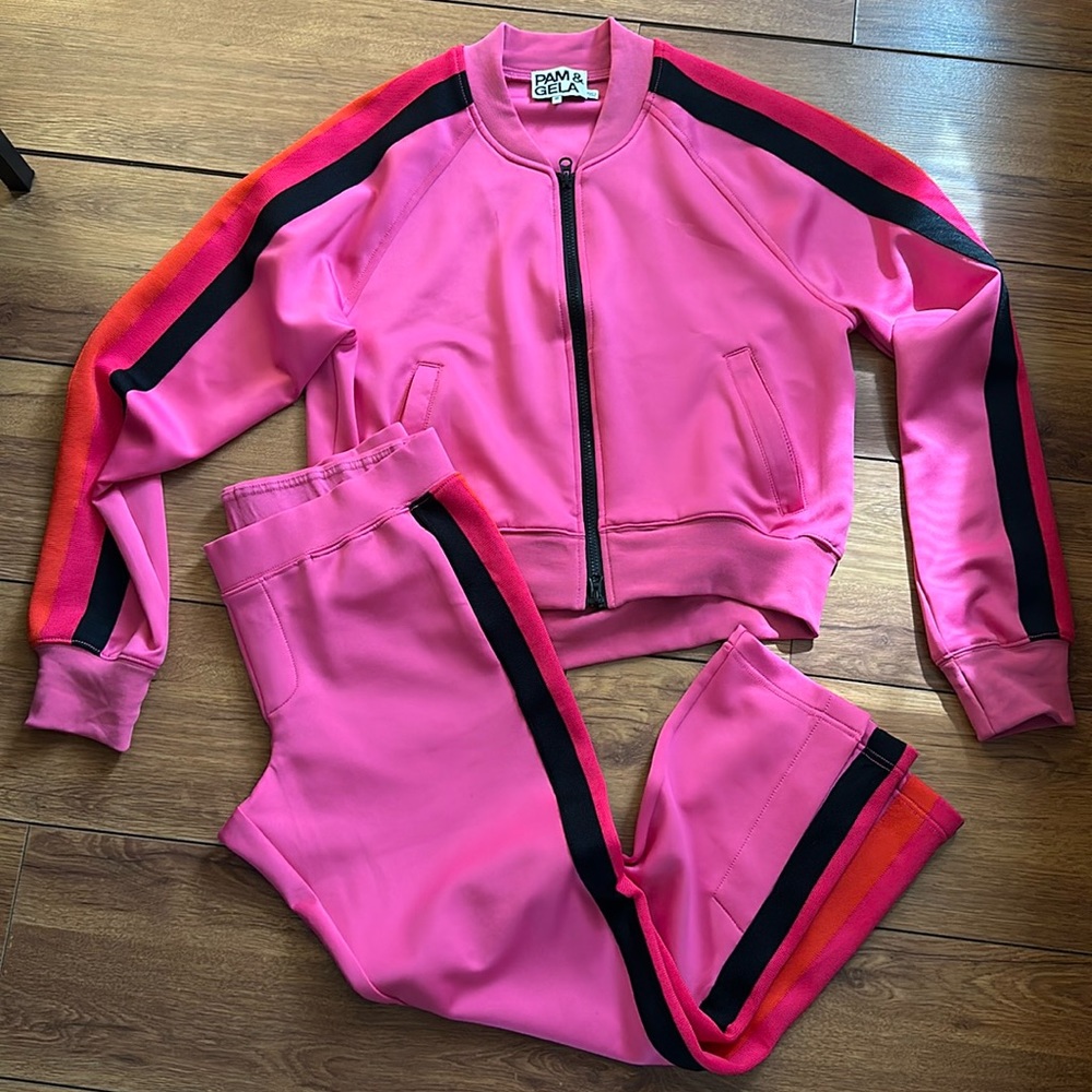 Pam + Gela colorful striped hot pink track suit
